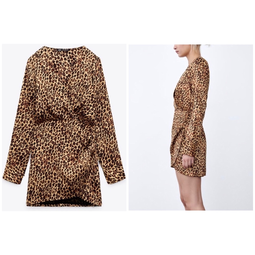 NWT Zara Leopard Animal Print V-neck Long Sleeves Satin Mini Dress size S